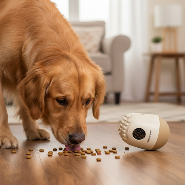 Golden Retriever eet kibble van de vloer