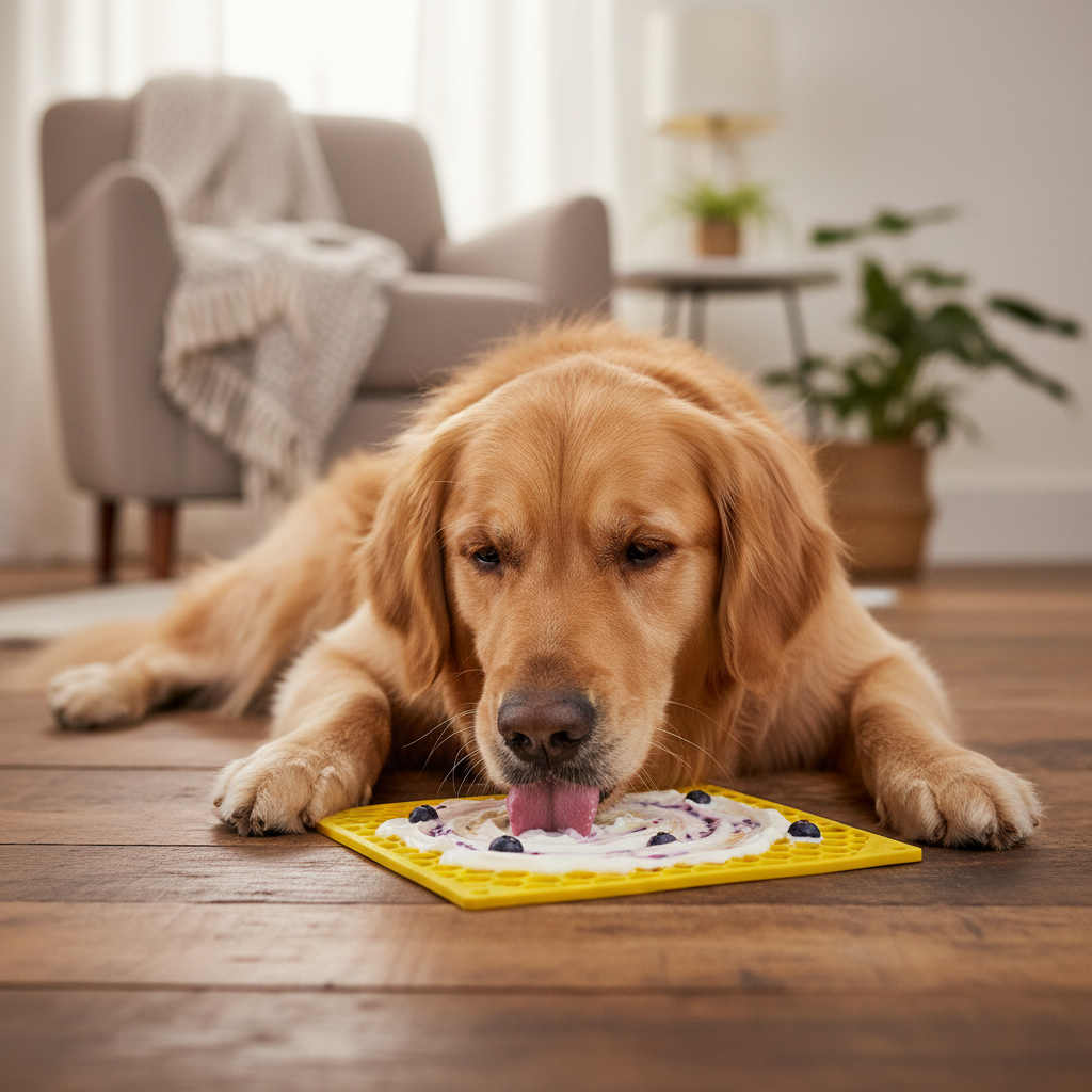 Golden Retriever met gele lick mat