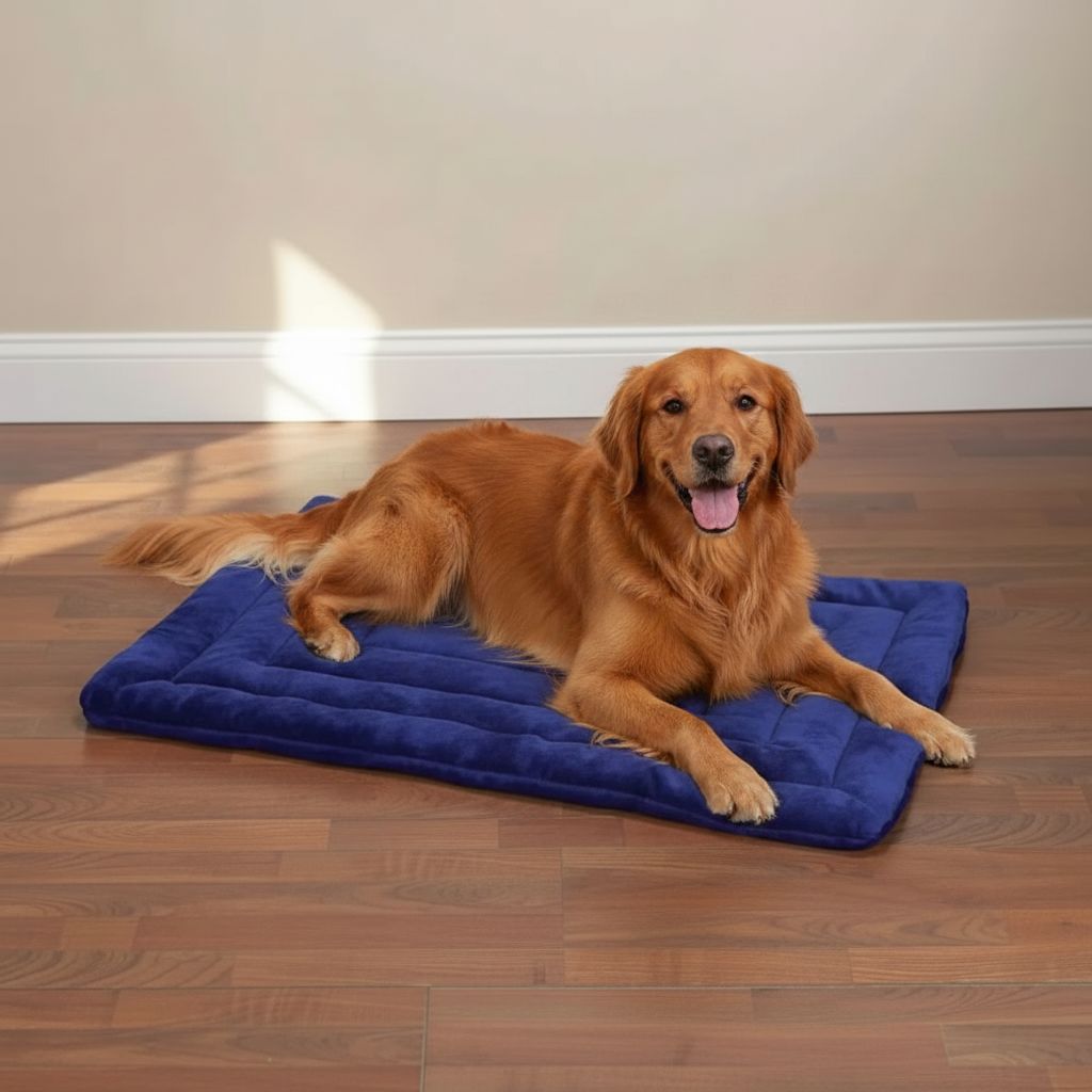 Golden Retriever ontspannen op blauwe mat