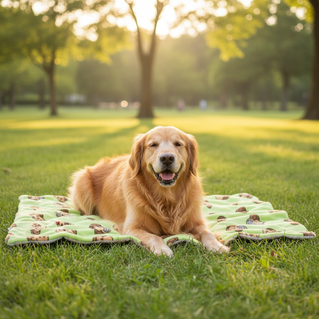 Golden Retriever op deken in park