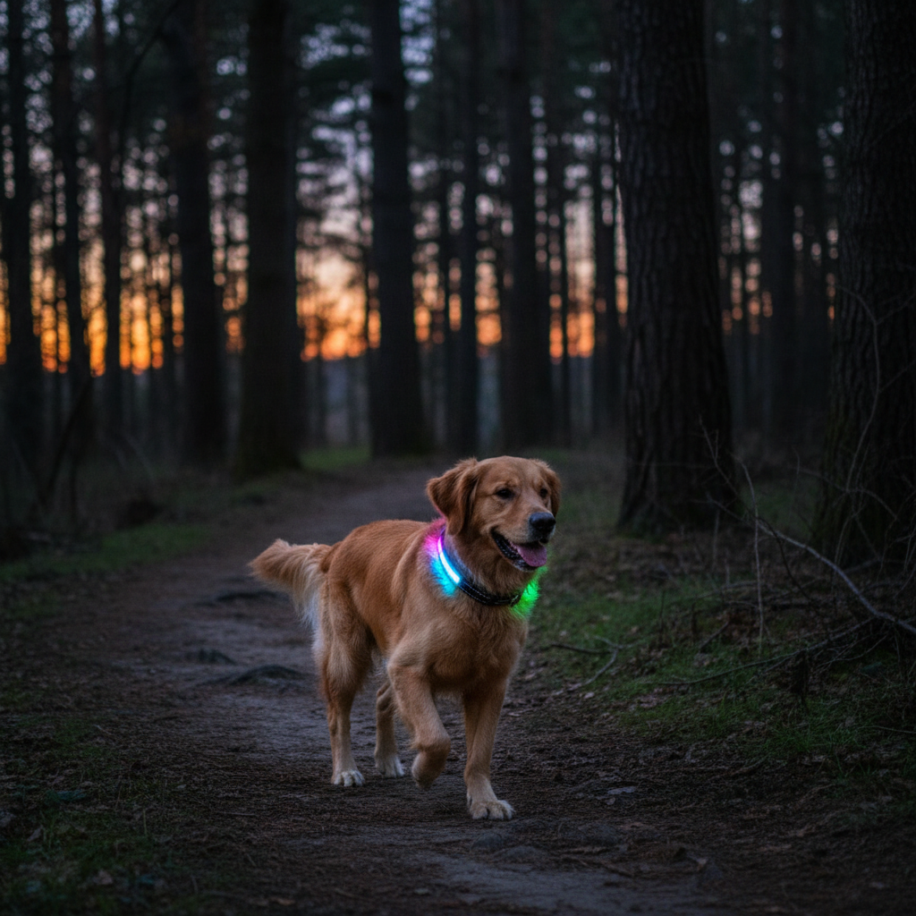 Golden retriever met LED halsband rennend op een bospad bij schemering