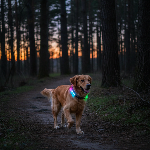 Golden retriever met LED halsband rennend op een bospad bij schemering
