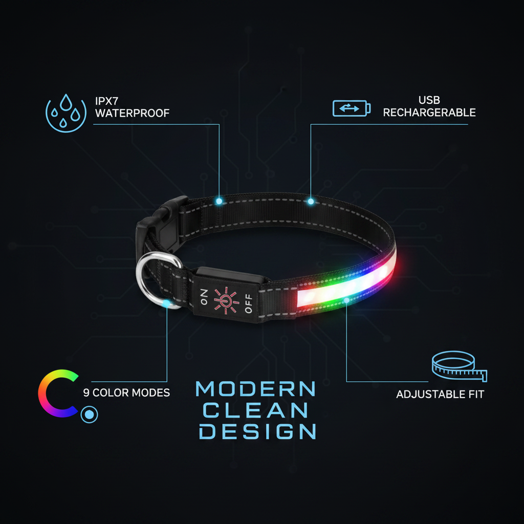 LED dog collar infographic showing key features: waterproof, rechargeable, 9 color modes