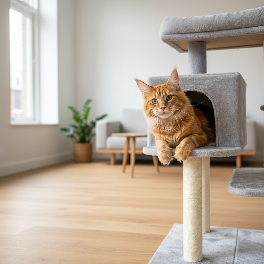 Oranje Maine Coon kijkt uit hideaway van grijze cat tree