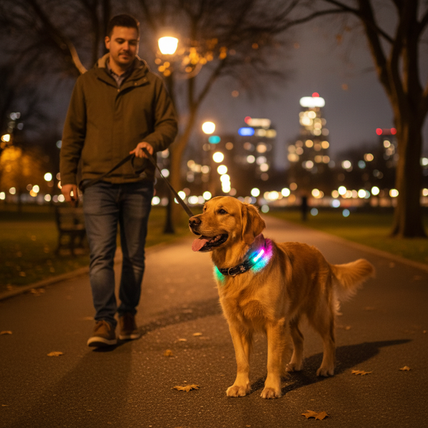 Baasje wandelt met hond met LED halsband in de stad 's avonds