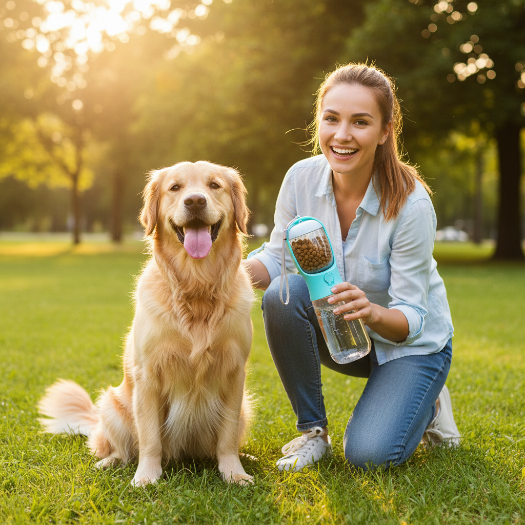 Speelse foto Golden Retriever met travel bottle